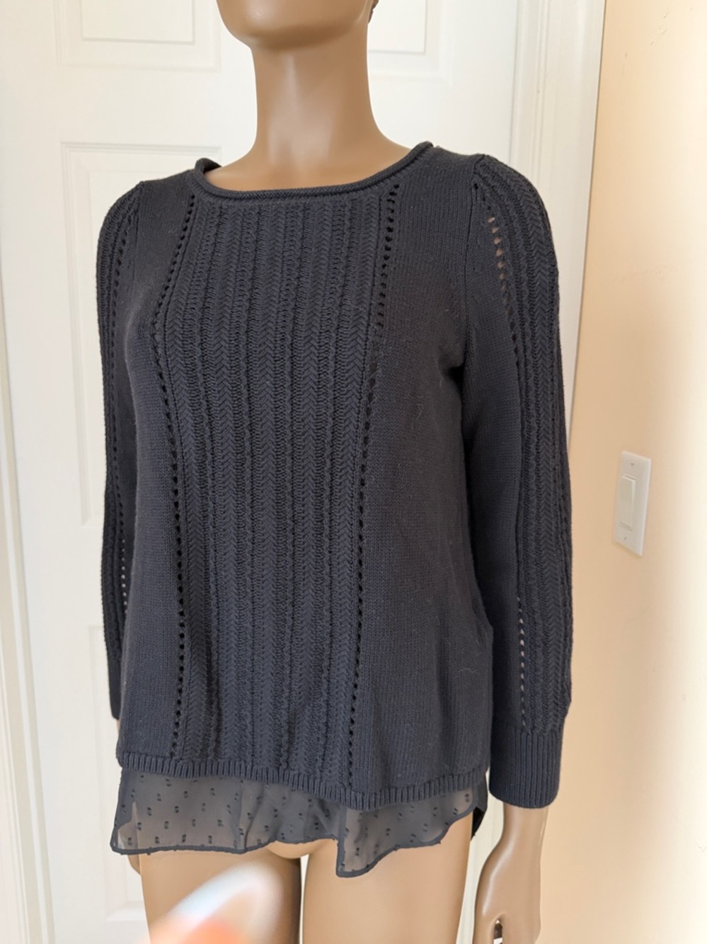 Lucky Brand Black Knit Crewneck Sweater with Sheer Polka-Dot Hem